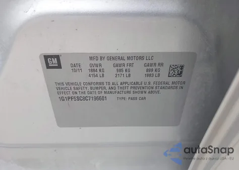 2012 Chevrolet Cruze 1Lt из США, поврежденный, VIN 1G1PF5SC8C7196601